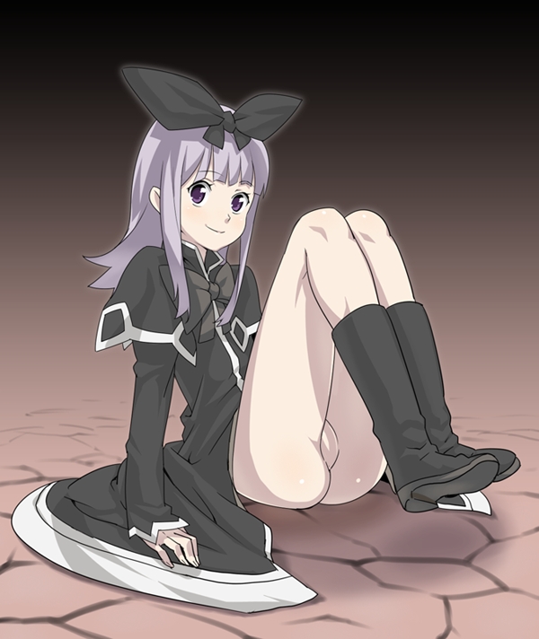 poporon, coopa, druaga no tou, boots, hair ribbon, legs, no panties, no pussy, purple eyes, purple hair, ribbon, sitting, smile, solo