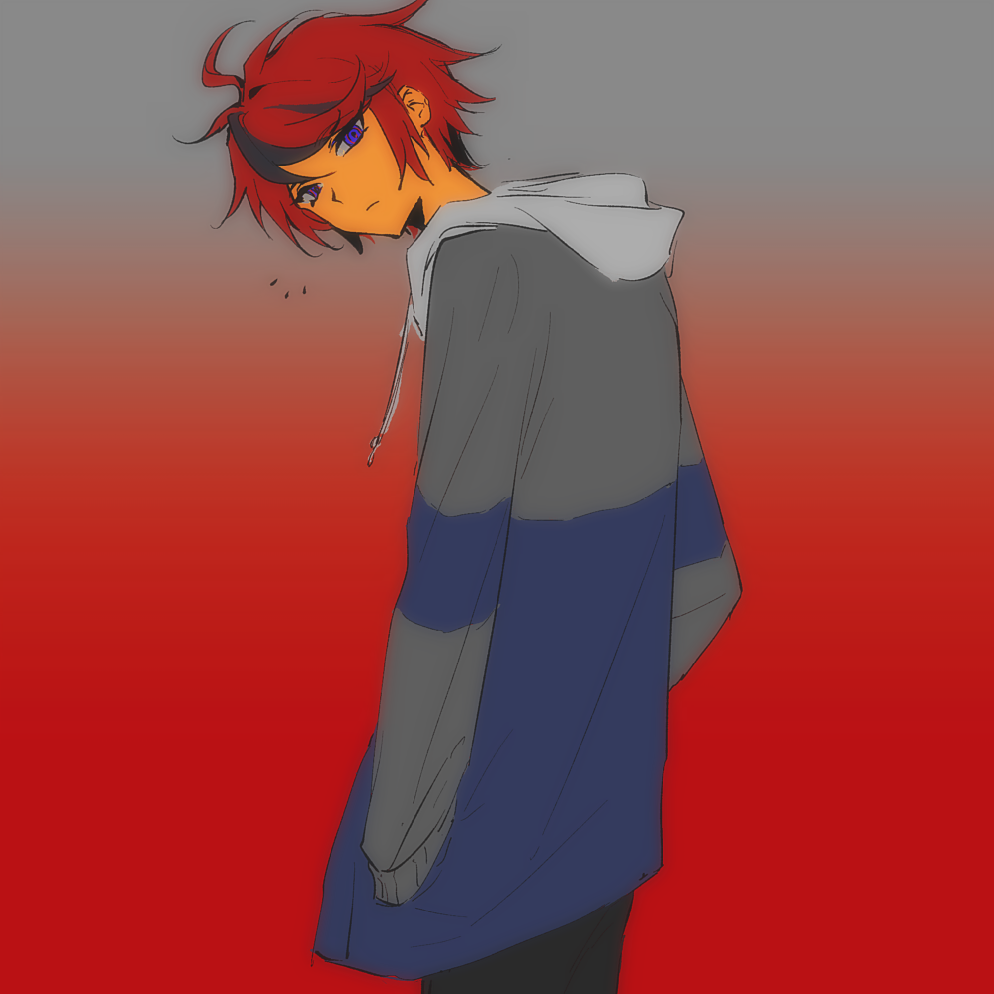 mint1618680, sumino takumi, the hundred line -last defense academy-, chinese commentary, commentary request, highres, 1boy, ahoge, black hair, black pants, blue eyes, blue jacket, closed mouth, drawstring, expressionless, gradient background, grey jacket, hand in pocket, hood, hood down, hoodie, jacket, jacket over hoodie, long sleeves, looking at viewer, looking back, male focus, multicolored hair, multicolored jacket, notice lines, pants, red hair, short hair, solo, streaked hair, two-tone hair, two-tone jacket, white hoodie