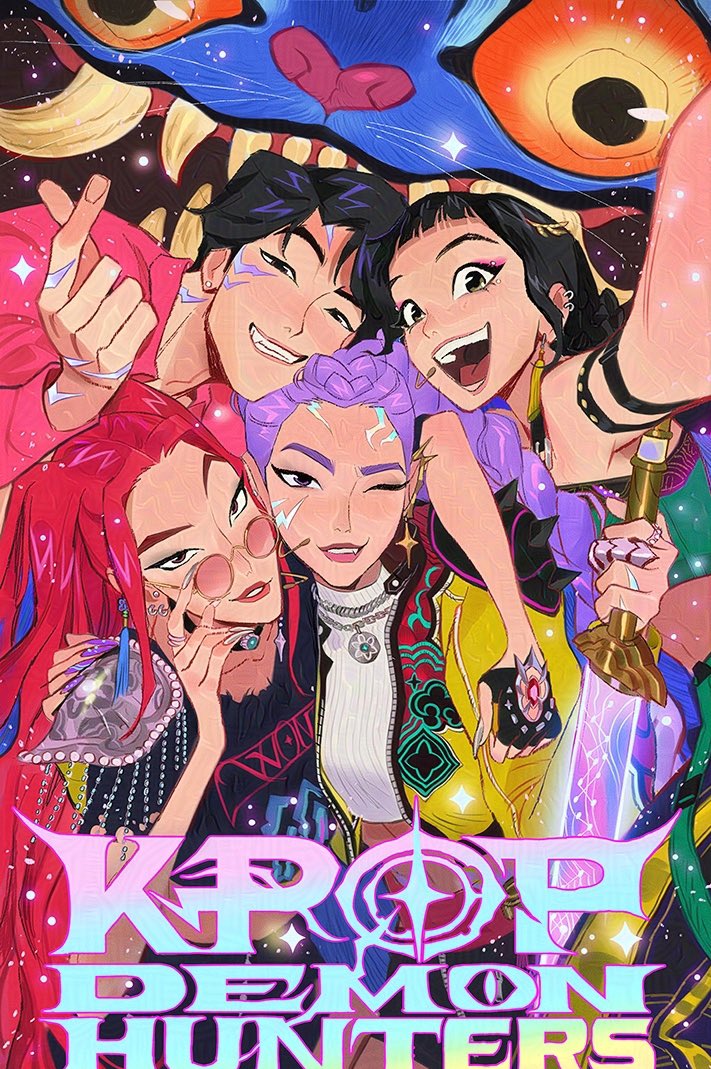 ami thompson, derpy (kpop demon hunters), jinu (kpop demon hunters), mira (kpop demon hunters), rumi (kpop demon hunters), zoey (kpop demon hunters), kpop demon hunters, 1boy, 3girls, adjusting eyewear, body markings, copyright name, crop top, dutch braided ponytail, eyeshadow, fang, fangs, glowing, glowing sword, glowing weapon, headset, holding, holding sword, holding weapon, jacket, makeup, multiple girls, one eye closed, round eyewear, selfie, sharp teeth, smile, sword, teeth, tiger, weapon
