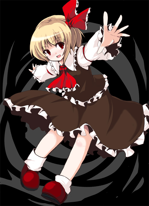 fa no hito, rumia, embodiment of scarlet devil, touhou, 1girl, ascot, blonde hair, female focus, frilled skirt, frilled sleeves, frills, full body, hair ribbon, looking at viewer, necktie, outstretched arms, red eyes, red ribbon, red shoes, ribbon, shirt, shoes, short hair, skirt, socks, solo, spread arms, white shirt, white socks