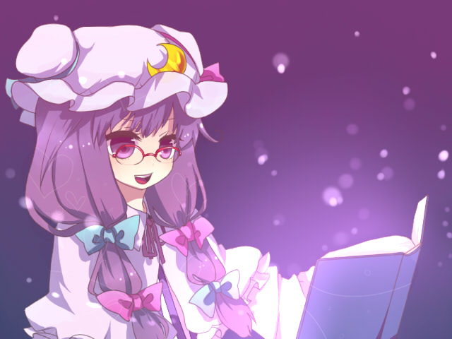 gushiko, patchouli knowledge, touhou, bad id, bad pixiv id, 1girl, bespectacled, bow, crescent, female focus, glasses, hat, long hair, pink bow, purple hair, solo