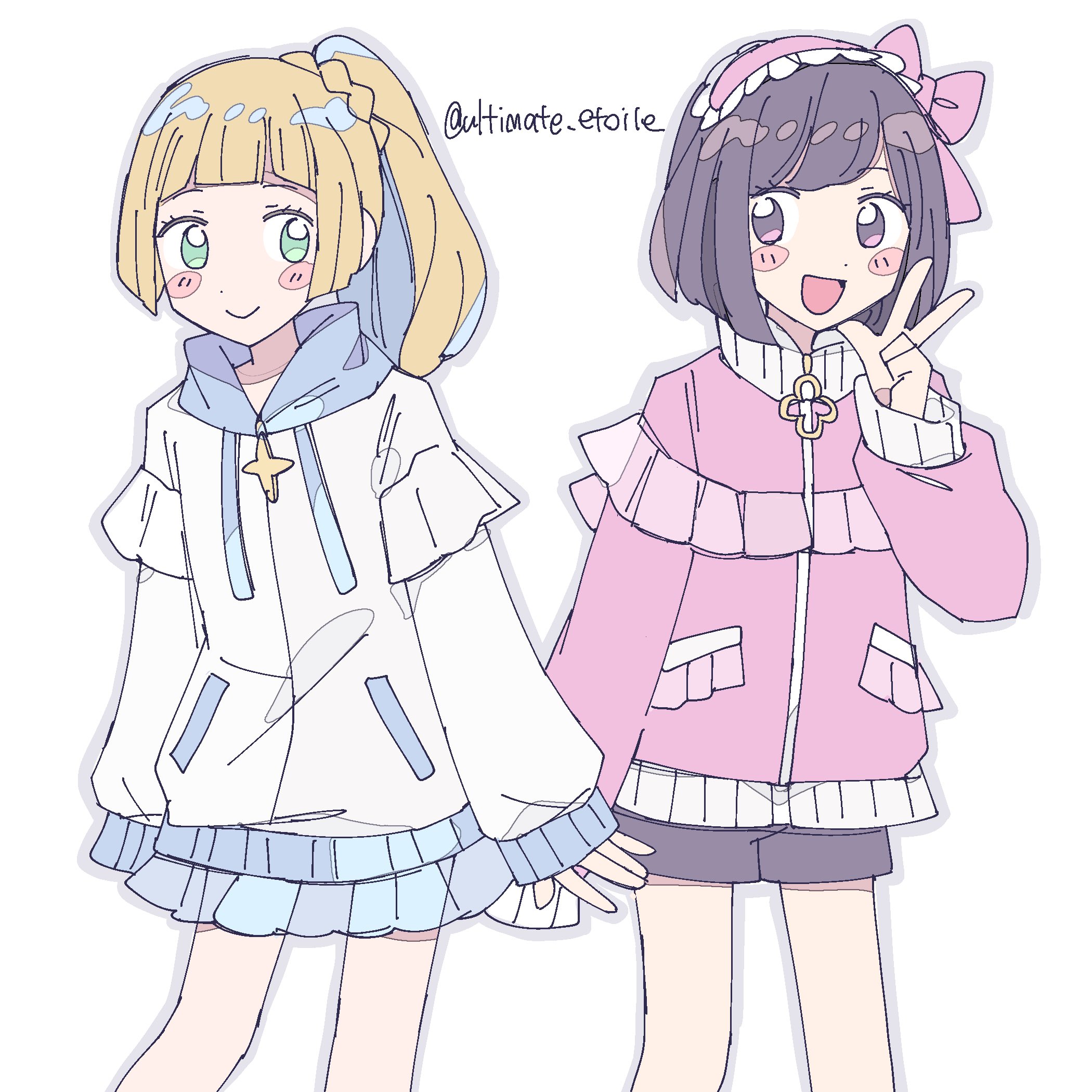remoooon, lillie (pokemon), selene (pokemon), nintendo, pokemon, pokemon sm, highres, 2girls, :>, :d, alternate costume, black hair, black shorts, blonde hair, blue skirt, blush stickers, bow, braid, braided ponytail, green eyes, grey eyes, hair bow, high ponytail, hood, hoodie, jacket, long hair, looking at another, maid headdress, multiple girls, open mouth, pink bow, pink jacket, ponytail, see-through clothes, see-through skirt, short hair, shorts, simple background, skirt, smile, standing, track jacket, upper body, w, white background, white jacket