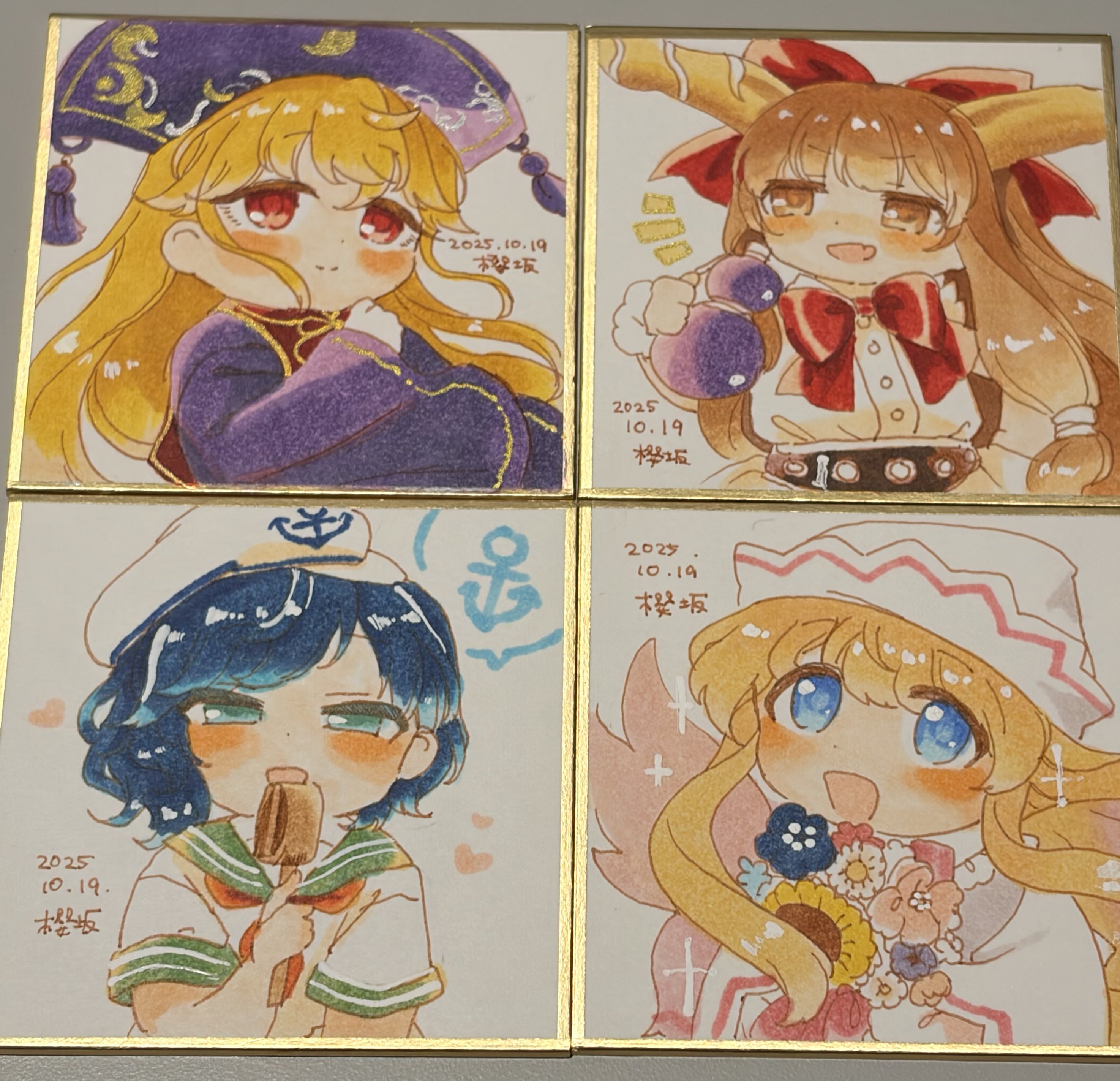 sakurasaka, ibuki suika, junko (touhou), lily white, murasa minamitsu, touhou, absurdres, highres, traditional media, 4girls, blonde hair, blue eyes, blue hair, blush, bouquet, bow, bowtie, crescent print, dalachi (headdress), flower, gourd, green sailor collar, hair bow, hand up, hat, holding, holding bouquet, holding gourd, horns, long hair, long sleeves, looking at viewer, multiple girls, open mouth, purple hat, red bow, red bowtie, red eyes, red tabard, sailor collar, sailor shirt, shikishi, shirt, short hair, short sleeves, tabard, upper body, white hat, wide sleeves