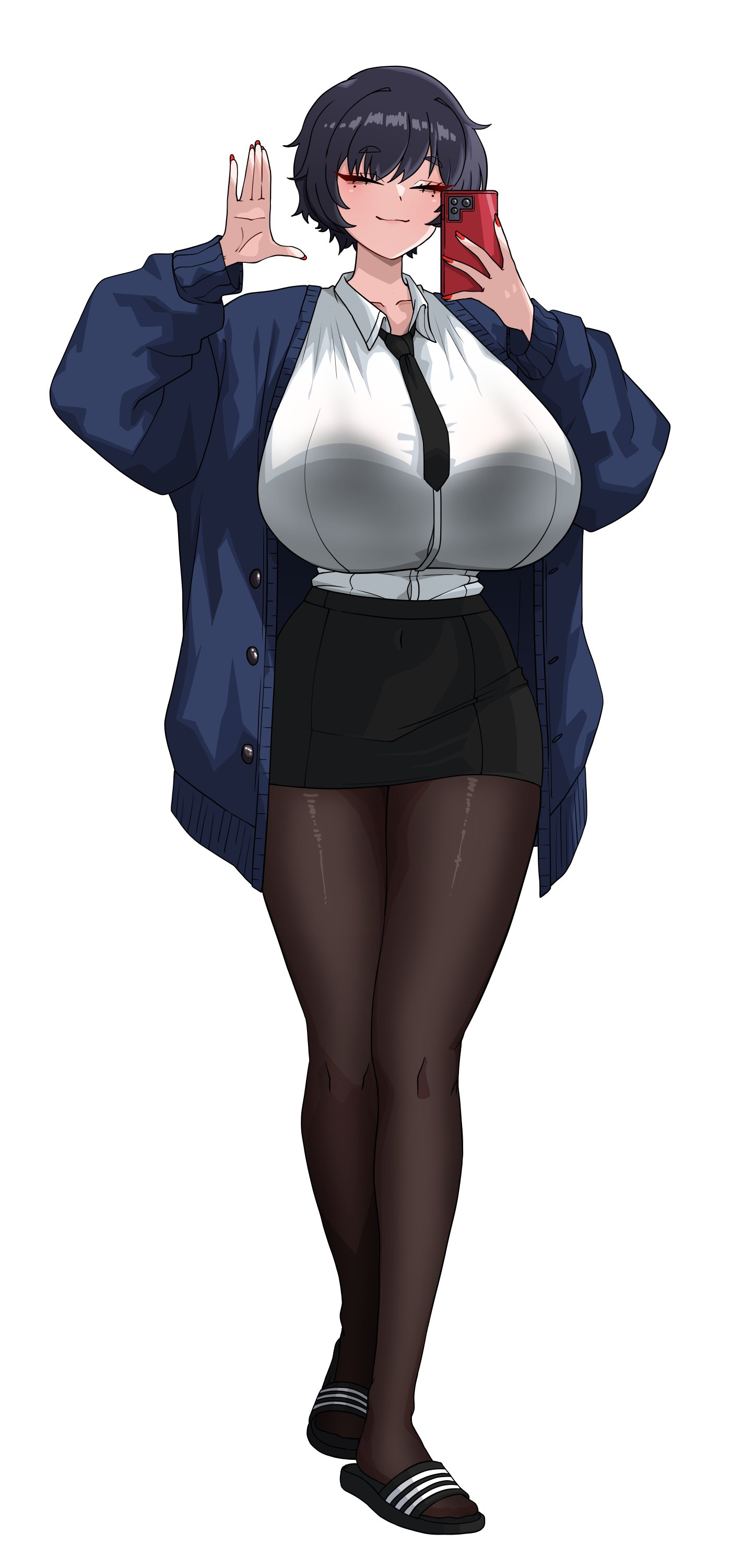 amx1375, original, absurdres, commentary, english commentary, highres, 1girl, black hair, black necktie, black sandals, black skirt, blue jacket, bra visible through clothes, breasts, brown pantyhose, cellphone, closed eyes, closed mouth, collared shirt, dress shirt, full body, hands up, holding, holding phone, huge breasts, jacket, long sleeves, miniskirt, mole, mole under each eye, mole under eye, multiple moles, narrow eyes oc (amx1375), necktie, open clothes, open jacket, pantyhose, phone, red nails, sandals, shirt, shirt tucked in, short hair, simple background, skirt, smartphone, smile, solo, standing, white background, white shirt