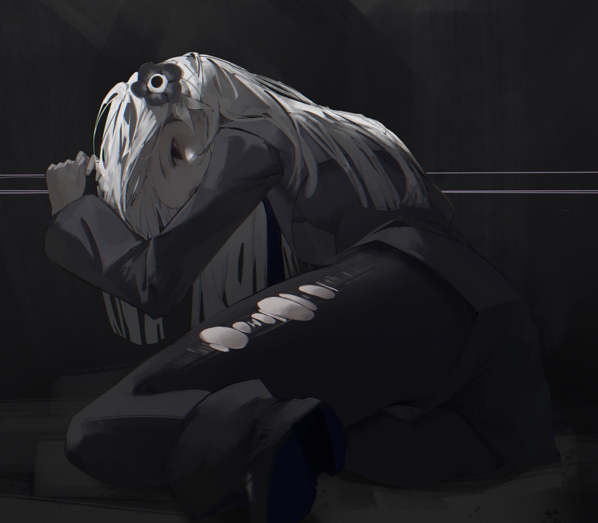 isekaijoucho, kamitsubaki studio, highres, 1girl, ass, black eyes, black flower, black pantyhose, boots, discharge smp, flower, grey hair, hair flower, hair ornament, jacket, long hair, looking at viewer, looking back, pantyhose, shorts, solo, torn clothes, torn pantyhose