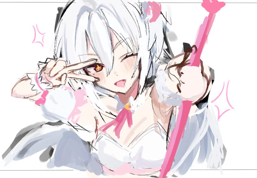 suzumi (blue archive), suzumi (magical) (blue archive), blue archive, commentary, symbol-only commentary, + +, 1girl, :d, blush, breasts, bustier, cleavage, crescent, crescent hair ornament, cropped torso, detached sleeves, hair between eyes, hair ornament, head wings, holding, holding wand, long hair, looking at viewer, muil, official alternate costume, one eye closed, open mouth, red eyes, single hair intake, single head wing, sketch, small breasts, smile, solo, sparkle, sparkling eyes, very long hair, wand, white background, white hair, wings, wrist cuffs