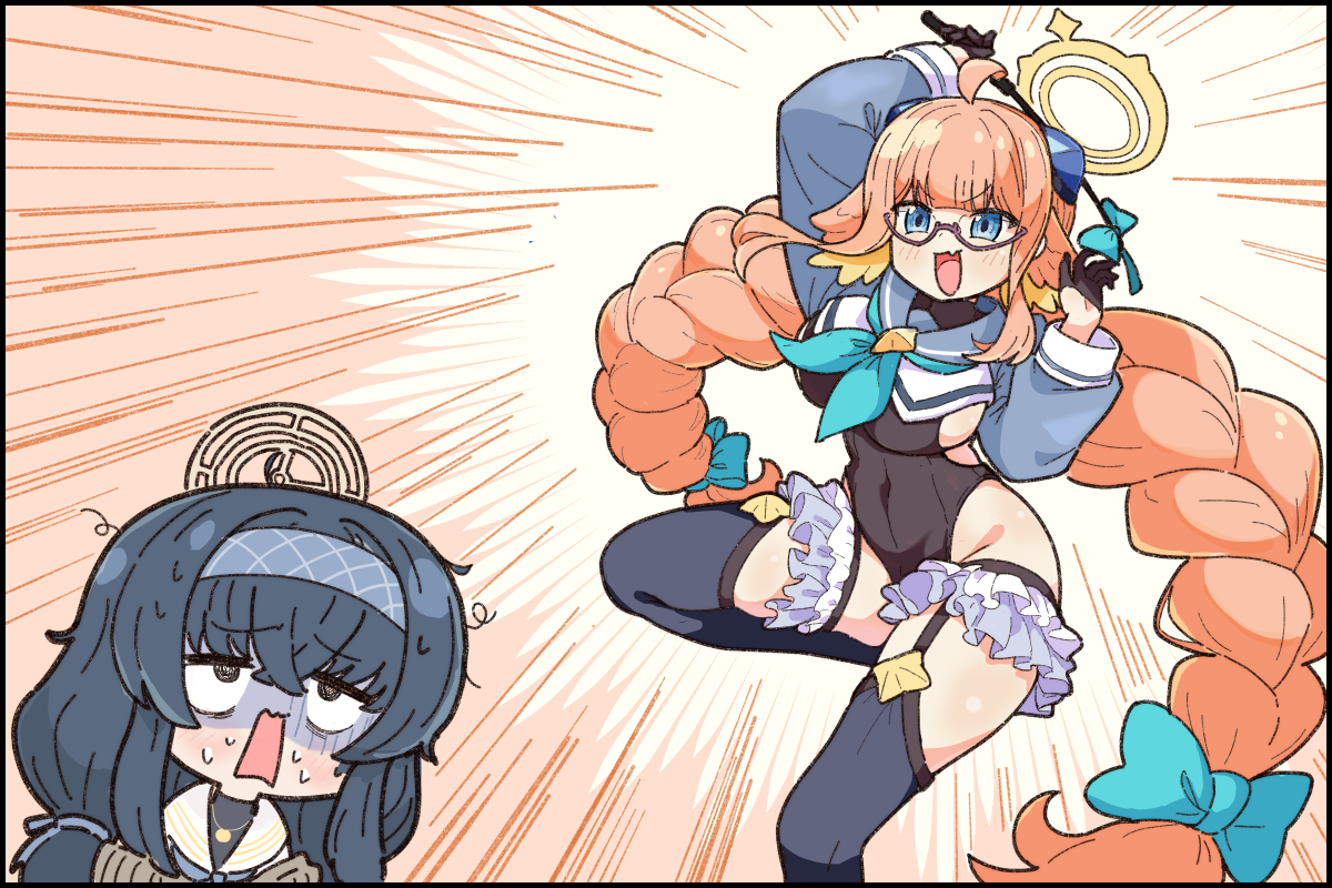 yakushima, shimiko (blue archive), shimiko (magical) (blue archive), ui (blue archive), blue archive, commentary request, 2girls, :d, @ @, ahoge, aqua neckerchief, arm up, black gloves, black hair, black leotard, black thighhighs, blue eyes, blue shirt, blunt bangs, braid, breasts, chibi, chibi inset, cropped shirt, crossed bangs, emphasis lines, fang, feather hair, foot out of frame, frilled thigh strap, garter straps, glasses, gloves, hair between eyes, half gloves, halo, holding, holding whip, jewelry, large breasts, leotard, long hair, long sleeves, looking at another, looking at viewer, low twintails, multiple girls, neckerchief, official alternate costume, official alternate hairstyle, open mouth, orange hair, pendant, sailor collar, school uniform, semi-rimless eyewear, serafuku, shaded face, shirt, simple background, skin fang, smile, standing, standing on one leg, sweat, thigh strap, thighhighs, thighs, twin braids, twintails, upper body, upturned eyes, v-shaped eyebrows, very long hair, wavy mouth, white background, white sailor collar, yellow halo