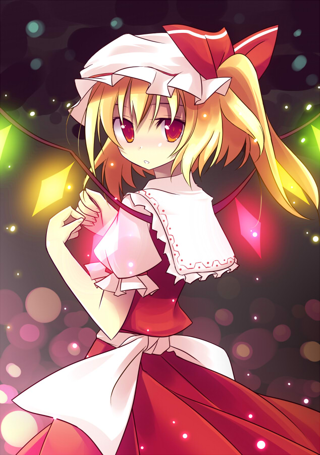 renee, flandre scarlet, touhou, 1girl, blonde hair, blush, close-up, female focus, glowing, hat, looking back, red eyes, side ponytail, solo, wings
