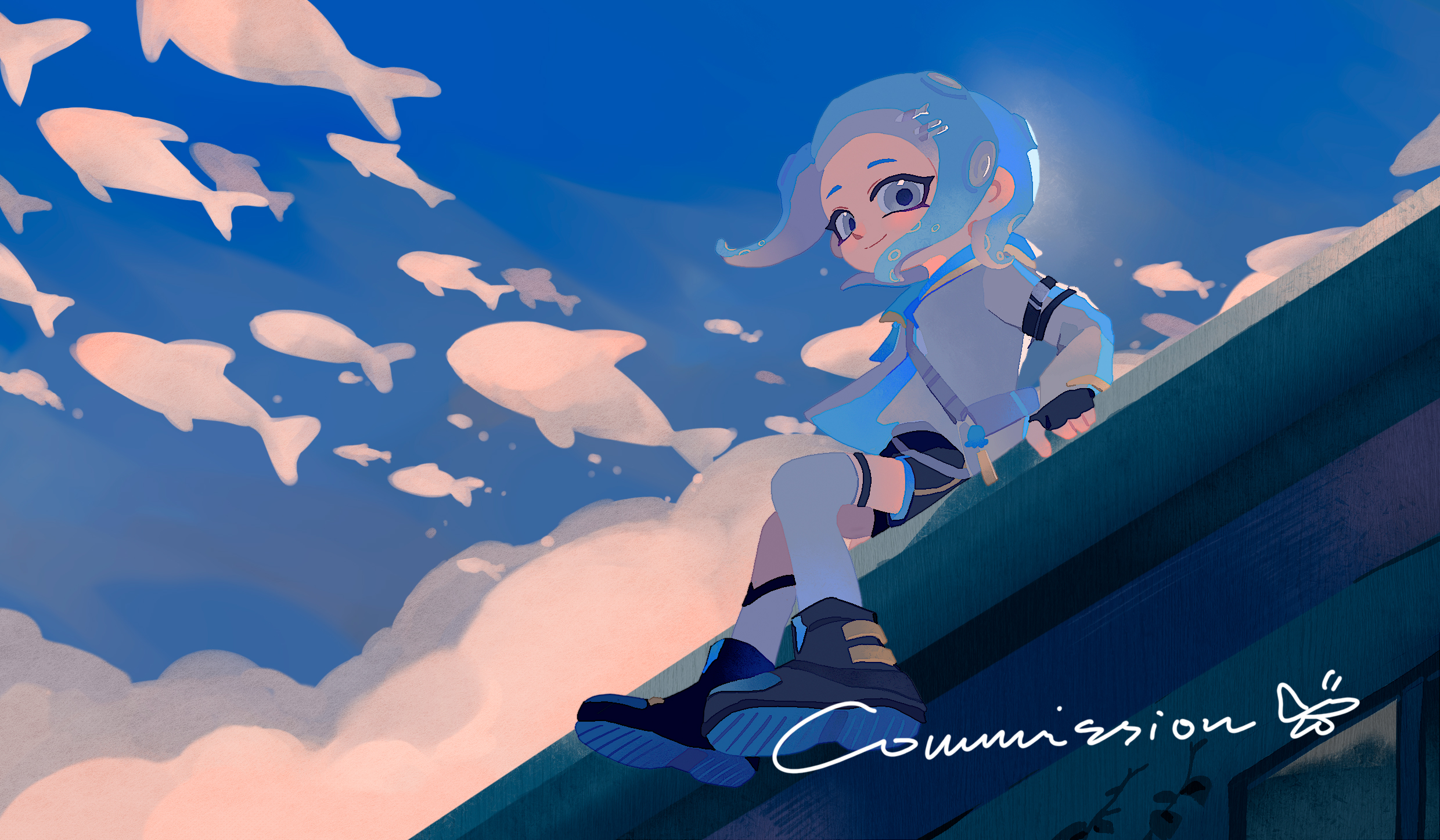 cobii illu, octoling girl, octoling player character, nintendo, splatoon (series), splatoon 3, commentary, commission, highres, symbol-only commentary, 1girl, black shoes, blue hair, blue sky, closed mouth, cloud, floating hair, grey eyes, looking at viewer, medium hair, octoling, outdoors, shaped cloud, shoes, sitting, sky, smile, solo, tentacle hair