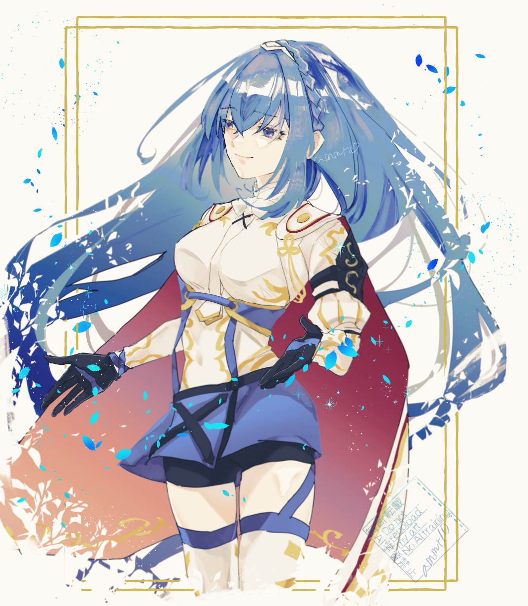 female alear (fire emblem), fire emblem, fire emblem engage, nintendo, highres, 1girl, amamorimori, blue eyes, blue hair, breasts, crossed bangs, hair between eyes, long hair, medium breasts, official alternate hair color, solo, thighs, very long hair