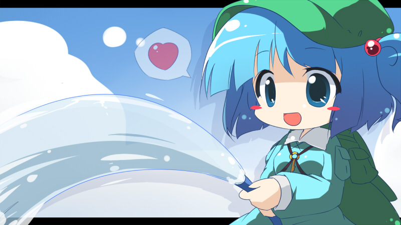 oka (bananashoe), kawashiro nitori, touhou, 1girl, :d, backpack, bag, blue hair, blush stickers, chibi, female focus, hair bobbles, hair ornament, hat, heart, hose, key, open mouth, randoseru, smile, solo, spoken heart, tareme, twintails, two side up, water