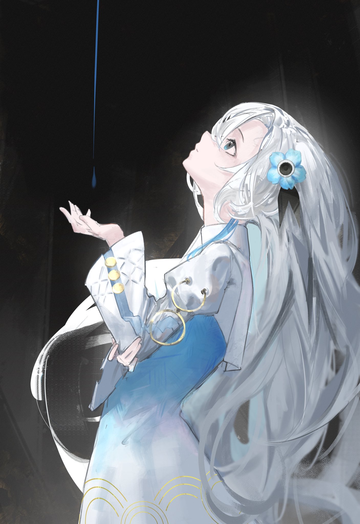 isekaijoucho, kamitsubaki studio, highres, 1girl, blue eyes, blue hair, discharge smp, dress, liquid, long hair, looking up, multicolored hair, profile, solo, two-tone hair, very long hair, white hair