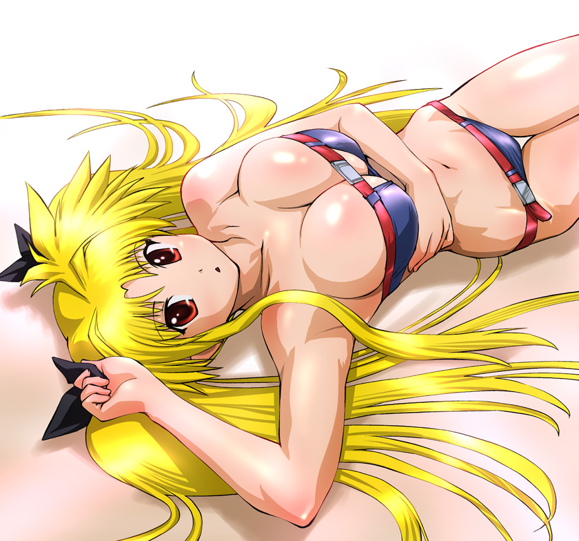 ueyama michirou, fate testarossa, lyrical nanoha, mahou shoujo lyrical nanoha, mahou shoujo lyrical nanoha strikers, 00s, 1girl, bikini, blonde hair, breasts, female focus, huge breasts, long hair, lying, solo, swimsuit, twintails, very long hair