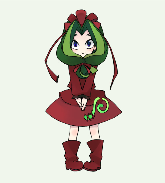kintaro, kagiyama hina, yadamon (character), touhou, yadamon, 1girl, blue eyes, boots, cosplay, female focus, front ponytail, full body, green hair, hair ribbon, kagiyama hina (cosplay), ribbon, simple background, solo, standing
