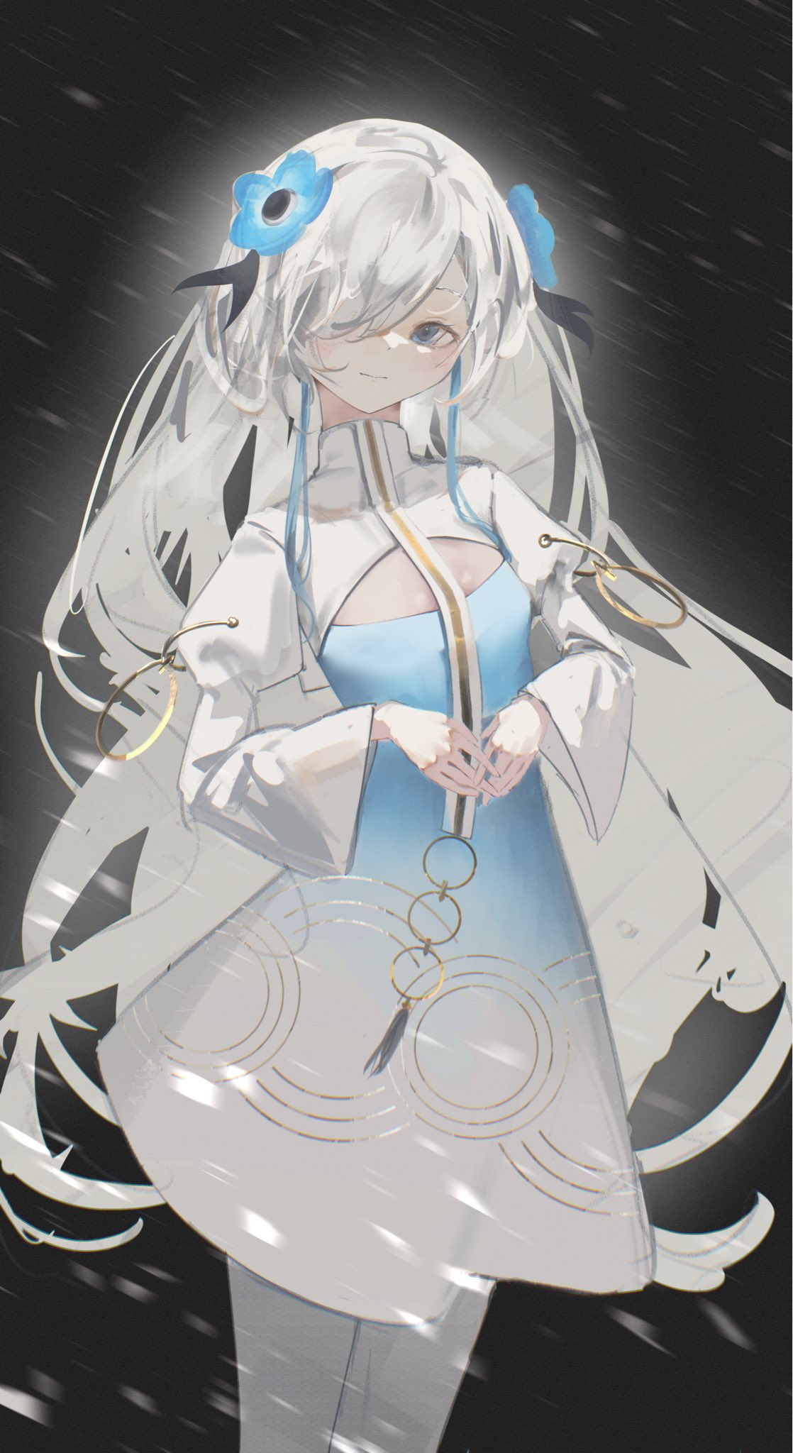isekaijoucho, kamitsubaki studio, highres, 1girl, blue eyes, blue hair, discharge smp, dress, expressionless, flower, hair flower, hair ornament, hair over one eye, long hair, looking at viewer, own hands together, pantyhose, solo, very long hair, white hair, white pantyhose