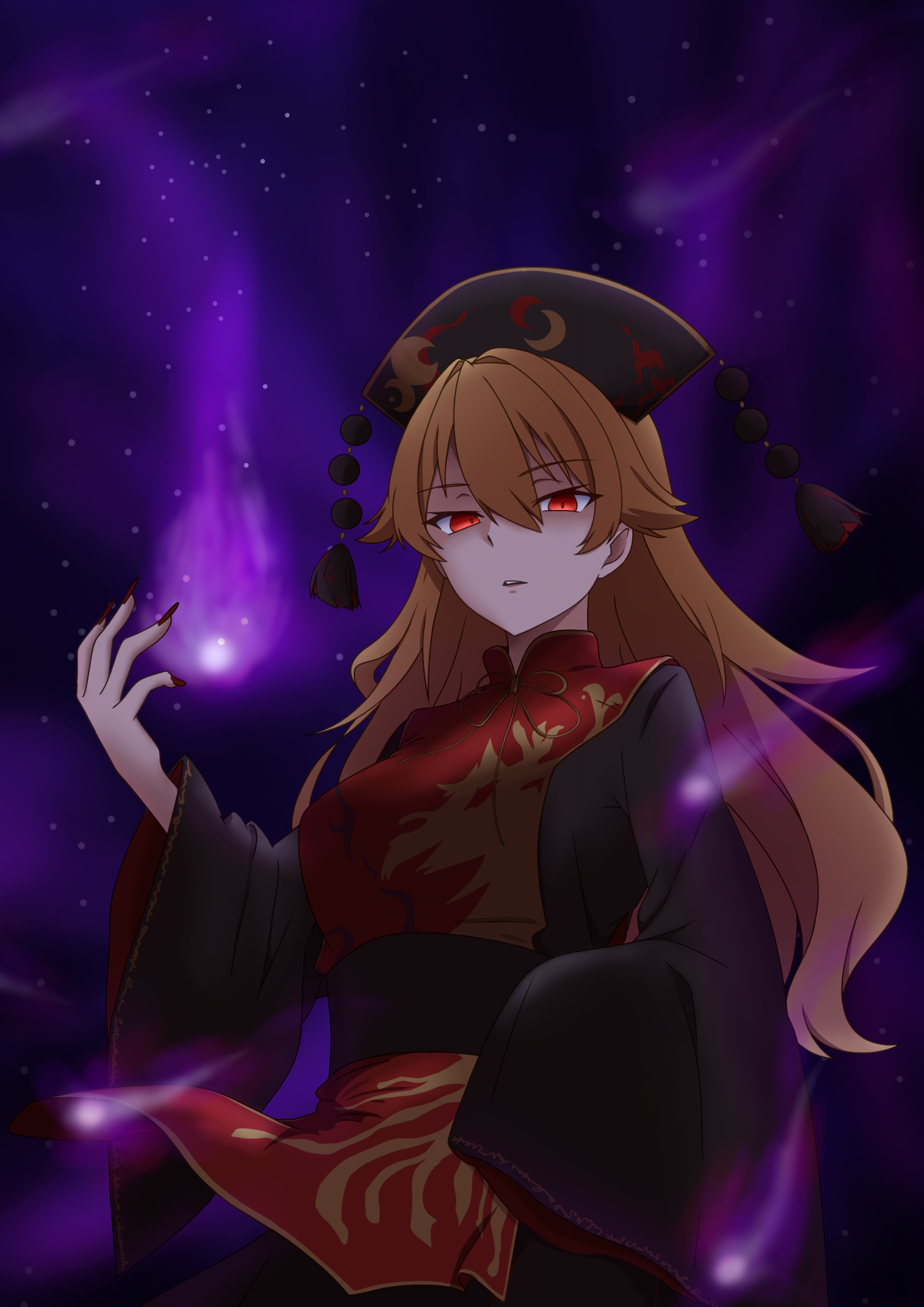 kikukitei, junko (touhou), touhou, absurdres, commentary request, highres, 1girl, belt, black belt, black dress, black hat, blonde hair, breasts, chinese clothes, crescent, crescent print, dalachi (headdress), dress, empty eyes, fingernails, floating clothes, hair between eyes, hand up, hat, large breasts, long fingernails, long hair, long sleeves, looking at viewer, magic, mandarin collar, nail polish, neck ribbon, phoenix print, pom pom (clothes), purple sky, red eyes, red nails, red tabard, ribbon, sky, solo, space, standing, star (sky), starry sky, tabard, tassel, teeth, wavy hair, wide sleeves, yellow ribbon