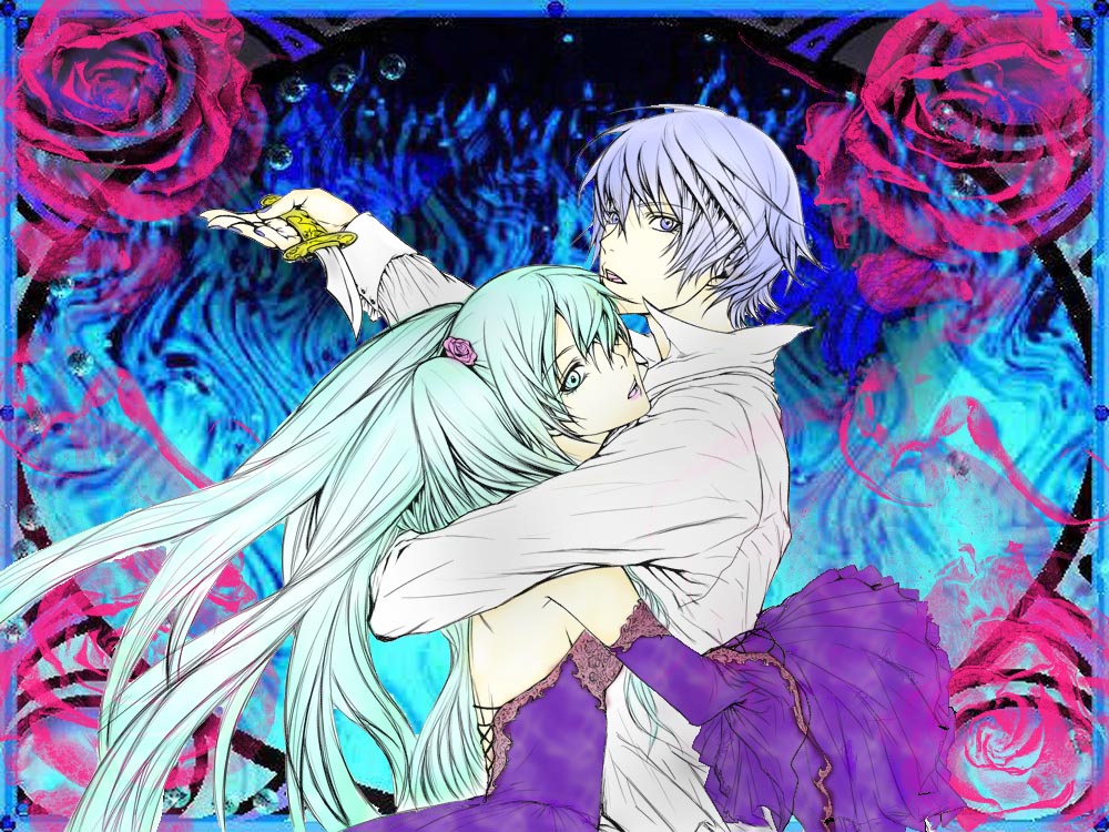 nayu, sirayuki, hatsune miku, kaito (vocaloid), cantarella (vocaloid), vocaloid, bad id, bad pixiv id, colorized, aqua eyes, aqua hair, bare shoulders, blue eyes, blue hair, dress, knife, long hair, twintails, wide sleeves