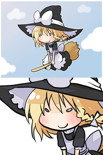 kintaro, kirisame marisa, touhou, >:), 1girl, 2koma, apron, blonde hair, blush, bow, braid, broom, chibi, comic, evil smile, female focus, flying, grin, hat, o o, side braid, single braid, smile, smirk, smug, solo, v-shaped eyebrows, witch, witch hat
