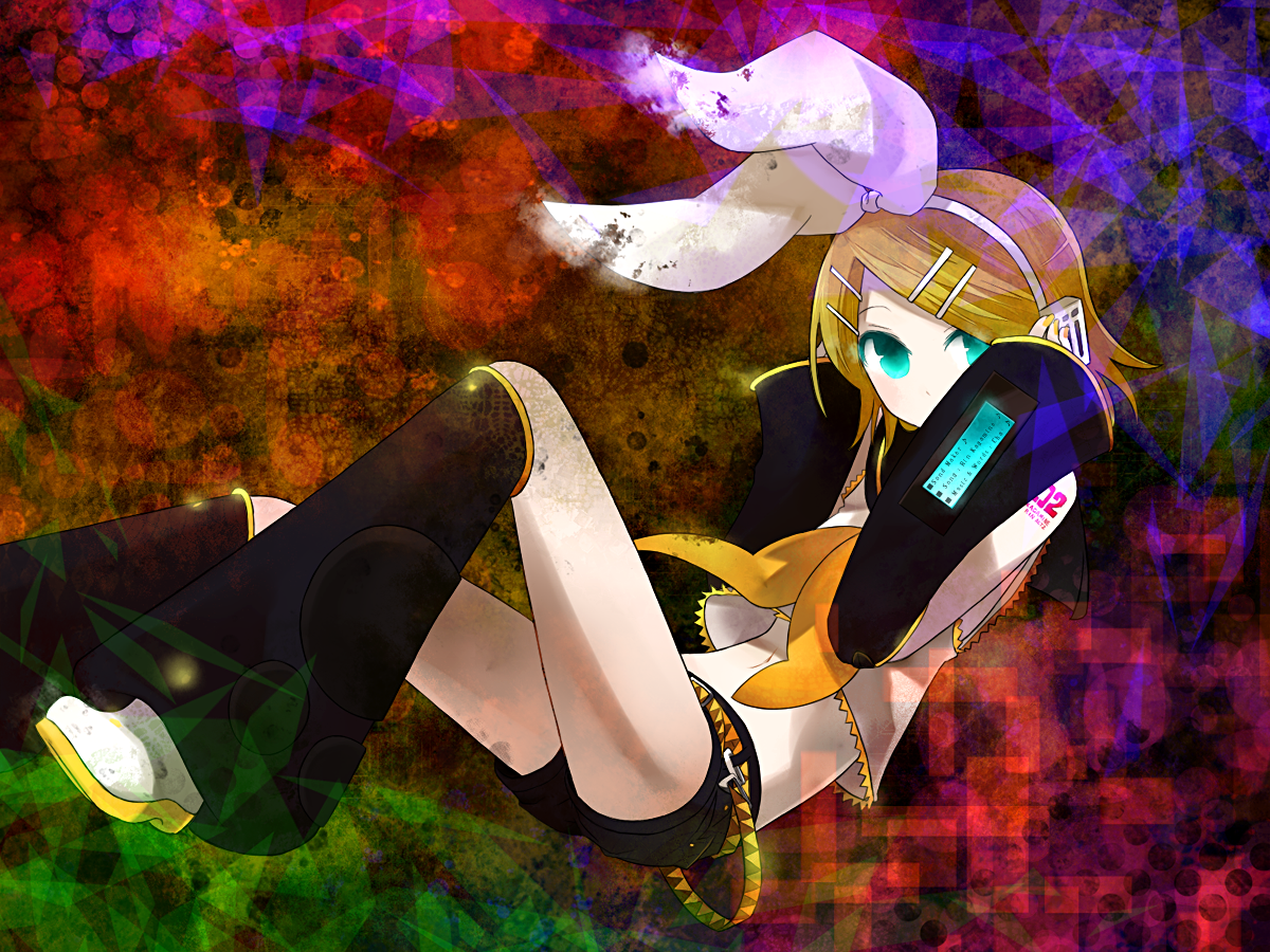 kintaro, kagamine rin, vocaloid, 1girl, aqua eyes, blonde hair, colorful, female focus, green eyes, hand on own head, solo