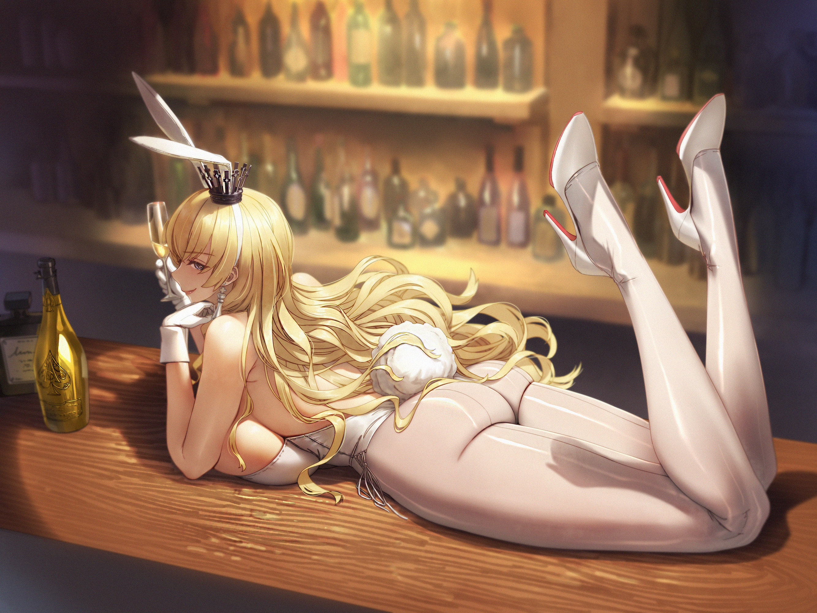 qingmingtongzi, warship girls r, character request, highres, 1girl, alcohol, animal ears, ass, backless leotard, bar (place), blonde hair, bottle, breasts, champagne flute, crown, cup, drinking glass, fake animal ears, fake tail, feet up, large breasts, leotard, long hair, lying, on stomach, pantyhose, playboy bunny, rabbit ears, rabbit tail, smile, solo, strapless, strapless leotard, tail, wavy hair, white leotard, white pantyhose