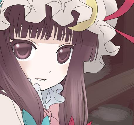 kintaro, patchouli knowledge, touhou, bad id, bad pixiv id, lowres, 1girl, female focus, hat, purple eyes, purple hair, solo