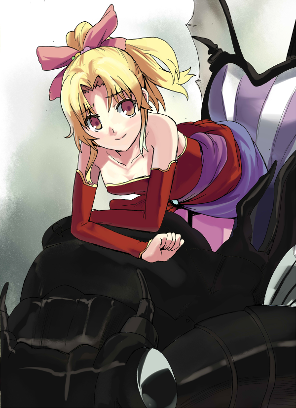 hyakuen raitaa, tina branford, final fantasy, final fantasy vi, bad id, bad pixiv id, 1990s (style), 1girl, blonde hair, bow, detached sleeves, dress, female focus, magitek armor, pantyhose, pink bow, ponytail, retro artstyle, ribbon, solo, yellow eyes