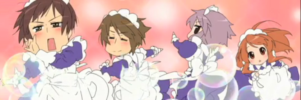 asahina mikuru, koizumi itsuki, kyon, nagato yuki, suzumiya haruhi-chan no yuuutsu, suzumiya haruhi no yuuutsu, anime screenshot, stitched, third-party edit, 00s, 2boys, 2girls, blush, brown eyes, brown hair, chibi, closed eyes, glasses, long hair, m/, maid, maid headdress, multiple boys, multiple girls, purple hair, short hair