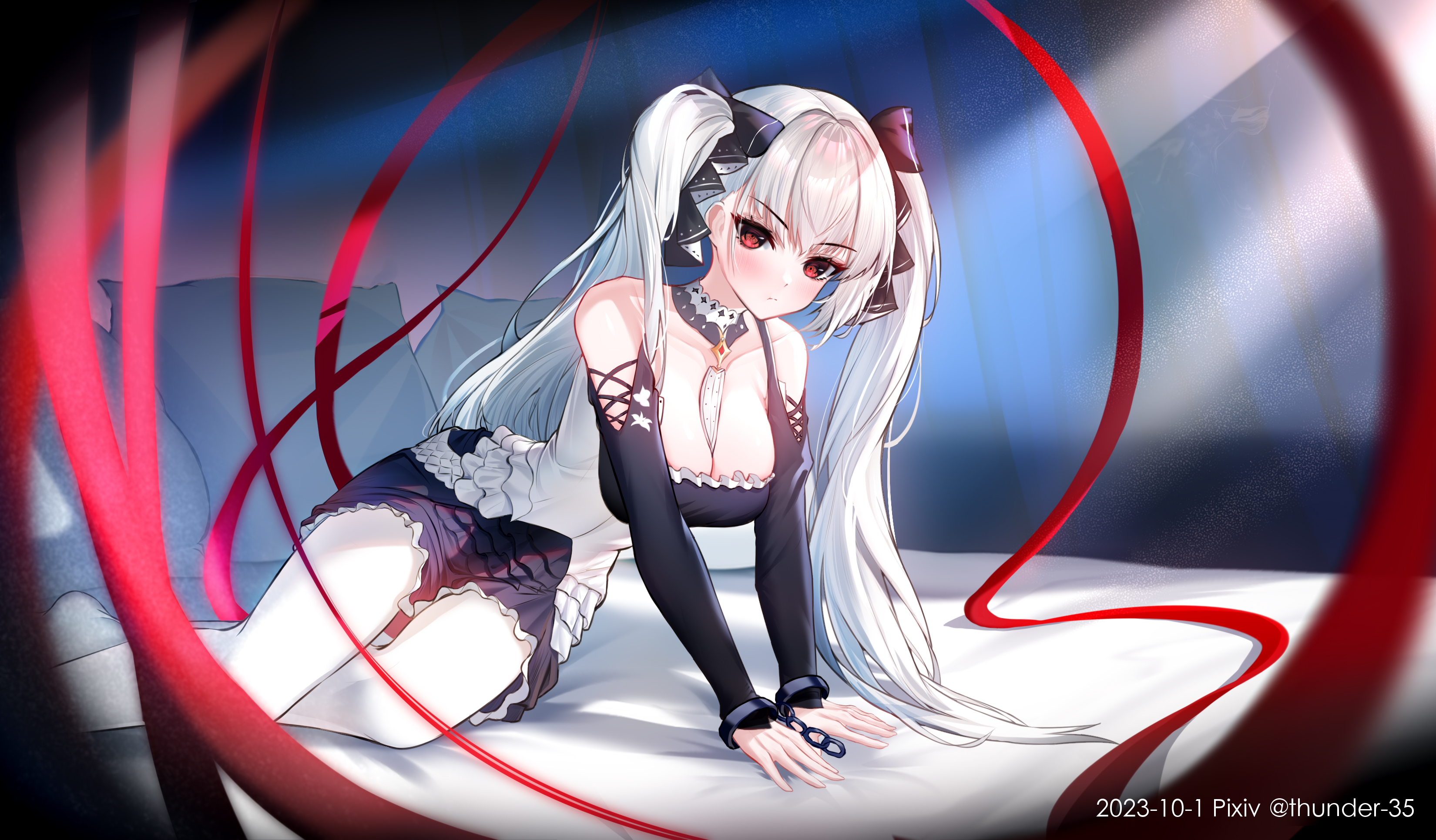 thunder-35, formidable (azur lane), azur lane, absurdres, commentary request, highres, 1girl, artist name, bare shoulders, between breasts, black dress, black ribbon, breasts, cleavage, clothing cutout, cuffs, dated, dress, frilled dress, frills, gem, large breasts, long hair, looking at viewer, necktie, necktie between breasts, pantyhose, red eyes, red gemstone, red ribbon, ribbon, shackles, shoulder cutout, solo, twintails, two-tone dress, two-tone ribbon, very long hair, white dress, white hair, white pantyhose, white ribbon