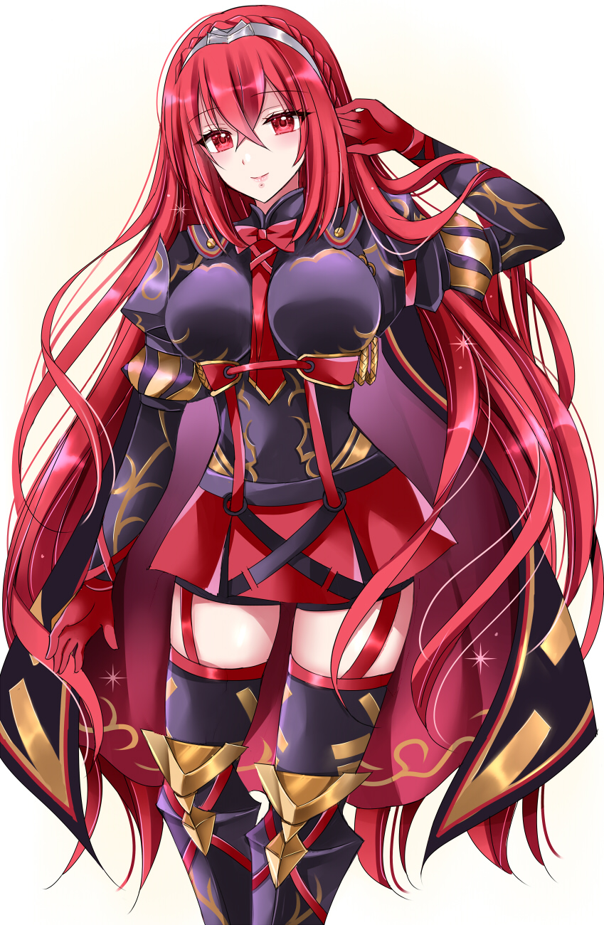 kirishima riona, female alear (fell child) (fire emblem), female alear (fire emblem), fire emblem, fire emblem engage, nintendo, highres, 1girl, aura, breasts, crossed bangs, dark aura, dark persona, large breasts, official alternate color, official alternate eye color, official alternate hair color, red aura, red hair, skindentation, smile, solo, thighs