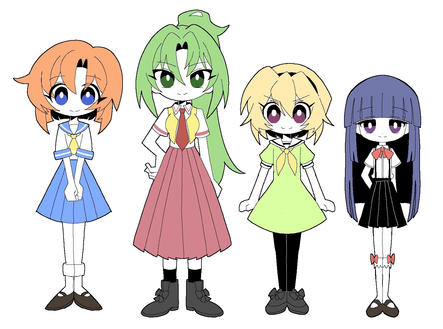 dmebgsa3, furude rika, houjou satoko, ryuuguu rena, sonozaki mion, higurashi no naku koro ni, hashtag-only commentary, 4girls, blonde hair, blue eyes, blue hair, blunt bangs, bobby socks, boots, bow, bow legwear, bowtie, collared shirt, dress, full body, green eyes, green hair, hairband, hand on own hip, jaggy lines, long hair, looking at viewer, multiple girls, neckerchief, necktie, orange hair, own hands together, parted bangs, pleated skirt, purple eyes, sailor dress, school uniform, serafuku, shirt, short hair, short sleeves, skirt, smile, socks, straight-on, suspender skirt, suspenders, very long hair, vest