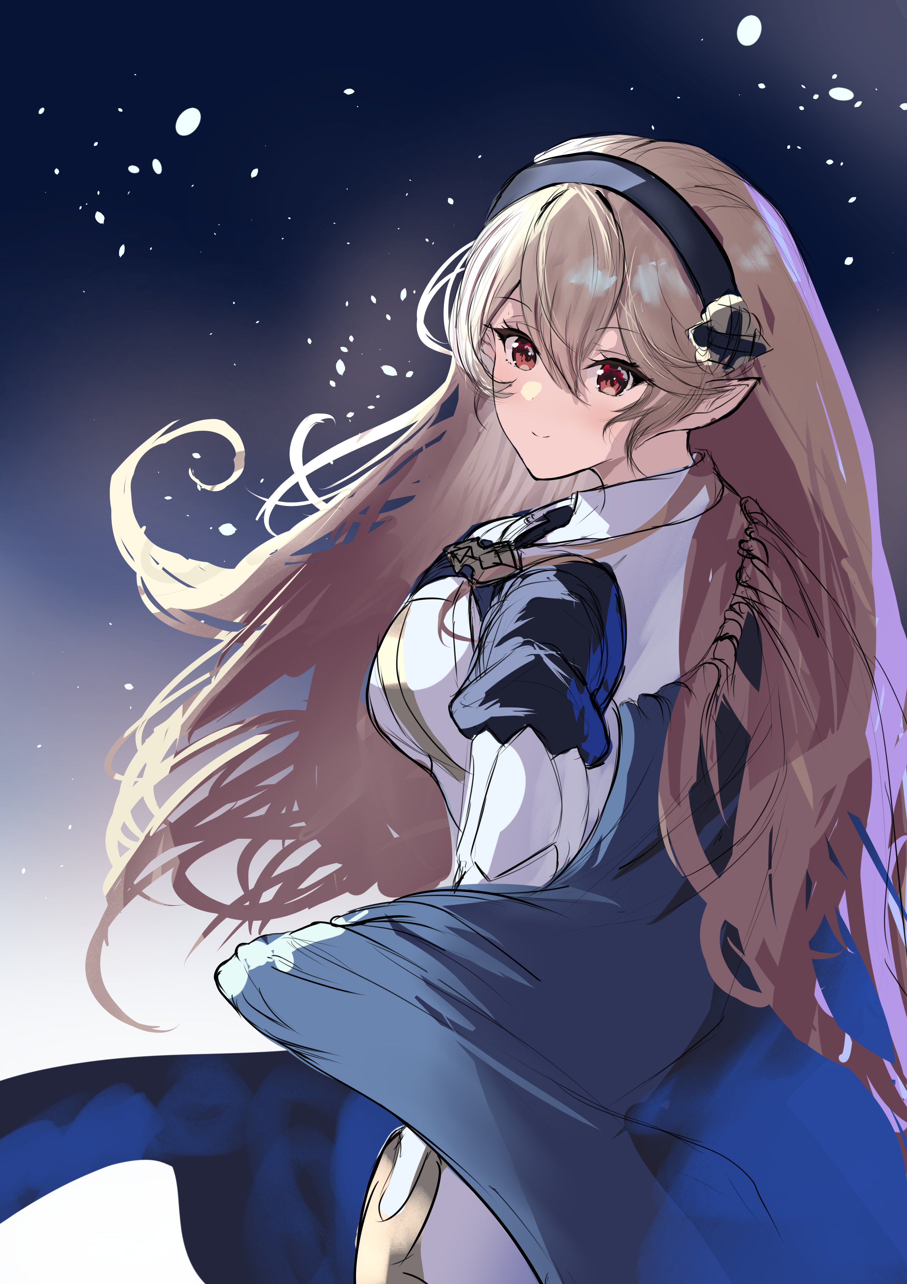 arerex, female corrin (fire emblem), fire emblem, fire emblem fates, nintendo, absurdres, highres, 1girl, black hairband, blue cape, breasts, cape, feet, grey hair, hair between eyes, hairband, long hair, looking at viewer, medium breasts, pointy ears, red eyes, smile, solo