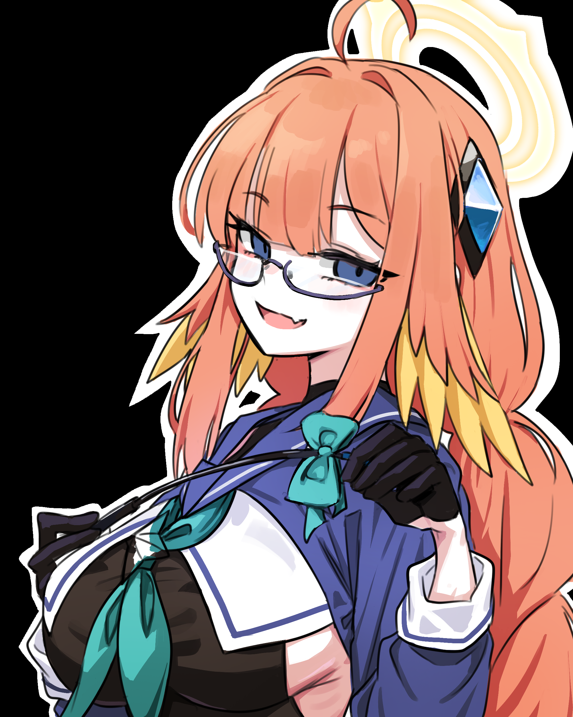 neophyte, shimiko (blue archive), shimiko (magical) (blue archive), blue archive, absurdres, commentary, highres, 1girl, :d, ahoge, aqua neckerchief, black background, black gloves, black leotard, blue-framed eyewear, blue eyes, blue shirt, blunt bangs, braid, breasts, cropped shirt, fang, feather hair, glasses, gloves, hair intakes, half gloves, halo, hands up, large breasts, leotard, long hair, long sleeves, looking at viewer, low twintails, naughty face, neckerchief, official alternate costume, official alternate hairstyle, open mouth, outline, semi-rimless eyewear, shirt, sidelocks, simple background, skin fang, smile, solo, tsurime, twin braids, twintails, upper body, white outline, yellow halo