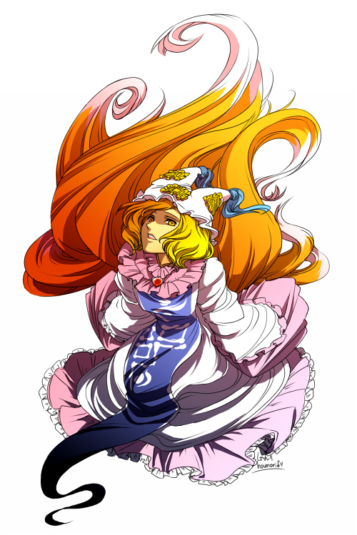 hounori, yakumo ran, touhou, bad id, bad pixiv id, 1girl, animal hat, blonde hair, female focus, fox tail, hat, long sleeves, mob cap, short hair, solo, tail, tassel, white background, wide sleeves