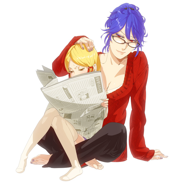fugi jis, moriya suwako, yasaka kanako, touhou, 2girls, alternate hairstyle, angry, annoyed, barefoot, bespectacled, blonde hair, feet, female focus, glasses, headpat, multiple girls, nail polish, newspaper, patting, purple hair, purple nails, red eyes, short hair, sitting, sitting on lap, sitting on person, smirk, sweater, thighhighs