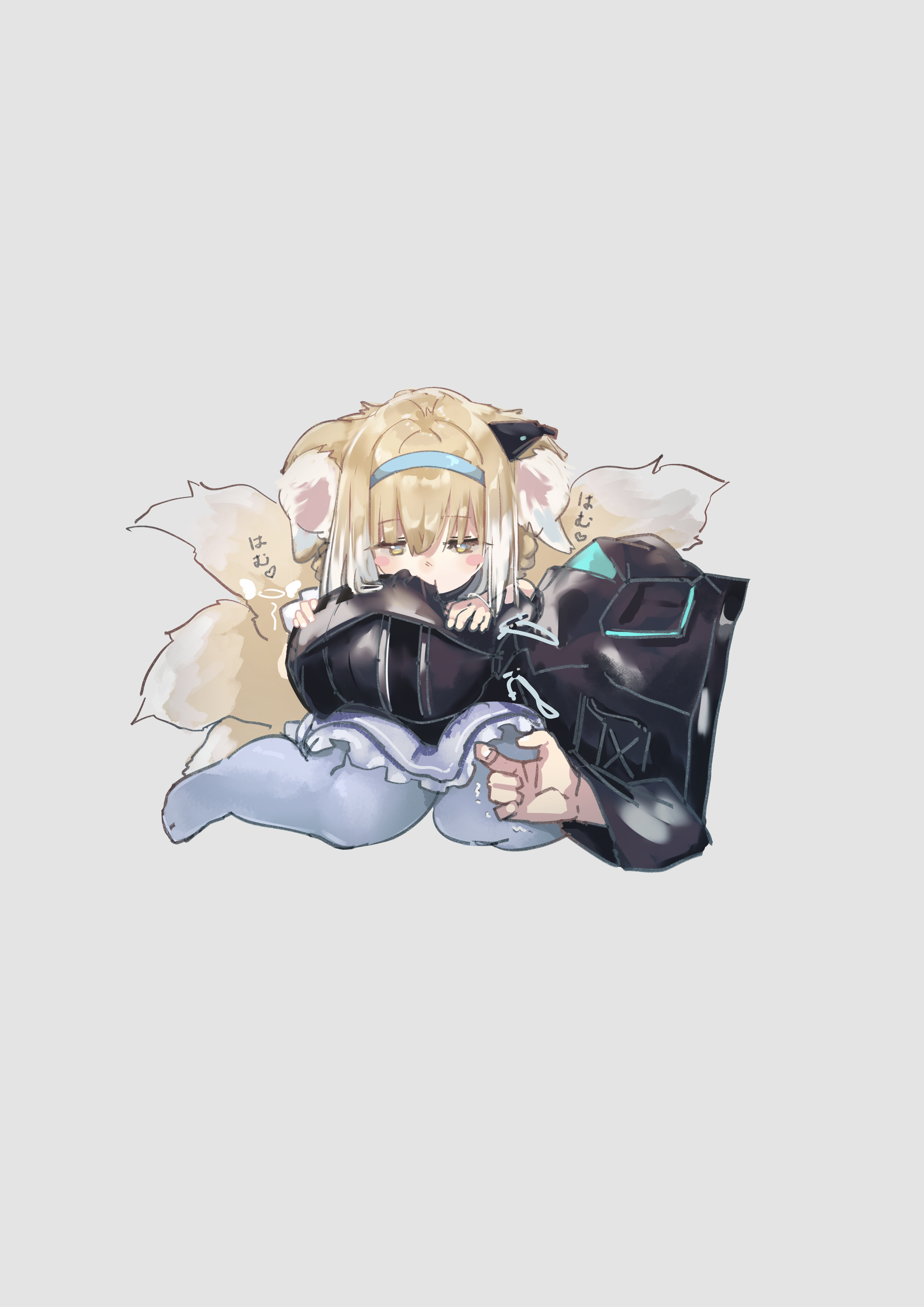 kilabo, doctor (arknights), infection monitor (arknights), suzuran (arknights), arknights, biting ear, absurdres, commentary request, highres, 1girl, 1other, animal ear fluff, animal ears, biting, blonde hair, blue hairband, fox ears, fox girl, fox tail, green eyes, grey background, grey pantyhose, hairband, hands on another's head, kitsune, kyuubi, lap pillow, lying, multicolored hair, multiple tails, no shoes, on side, pantyhose, simple background, sitting, tail, trembling