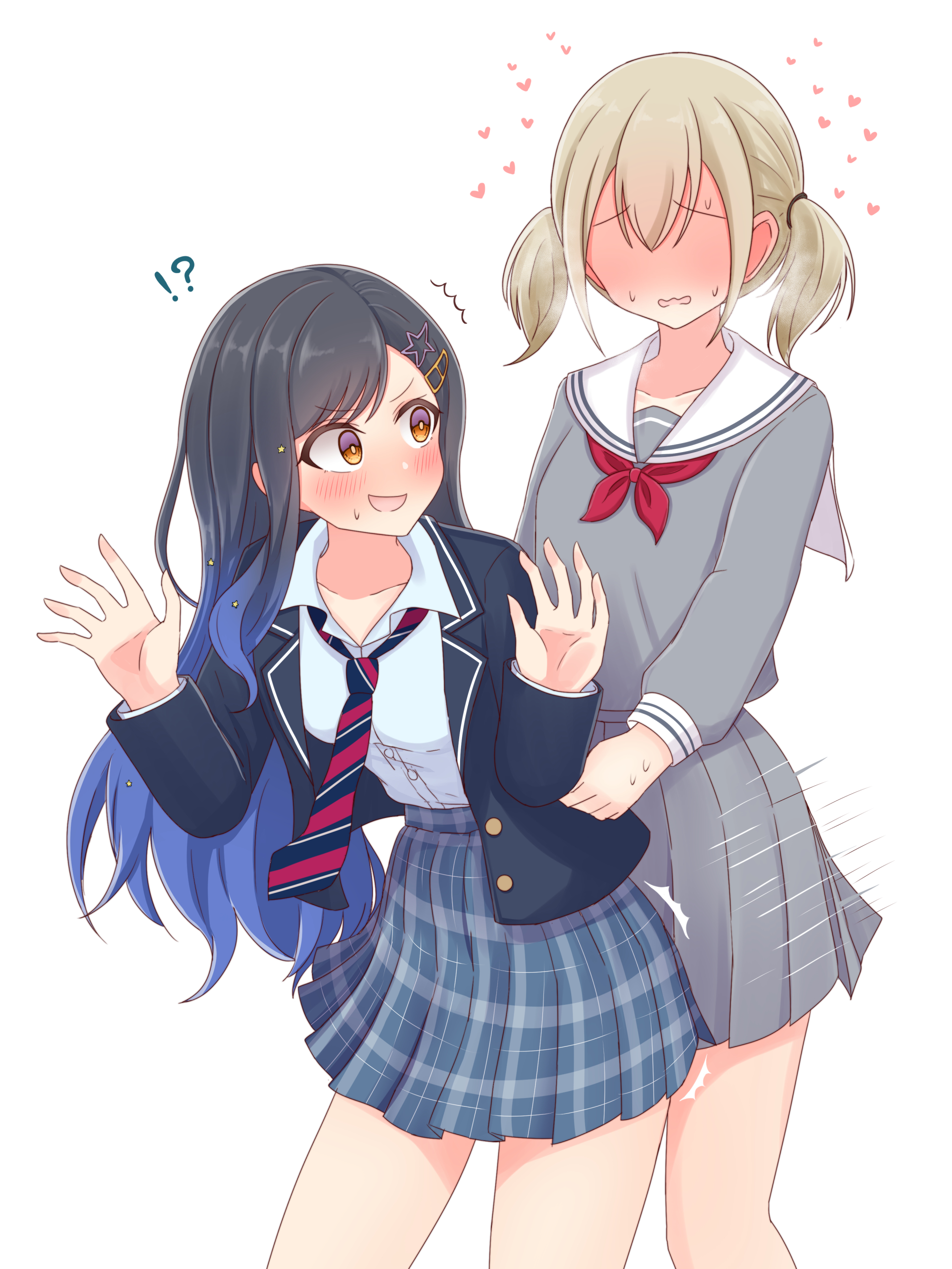 masurao19, azusawa kohane, shiraishi an, project sekai, absurdres, commentary request, highres, 2girls, black hair, black jacket, blazer, blonde hair, blue hair, blue skirt, blush, dry humping, gradient hair, grey serafuku, grey shirt, grey skirt, heart, humping, jacket, long hair, multicolored hair, multiple girls, neckerchief, necktie, no eyes, open mouth, orange eyes, plaid clothes, plaid skirt, pleated skirt, red neckerchief, sailor collar, school uniform, serafuku, shirt, simple background, skirt, striped necktie, sweat, twintails, white background, white sailor collar, white shirt, yuri