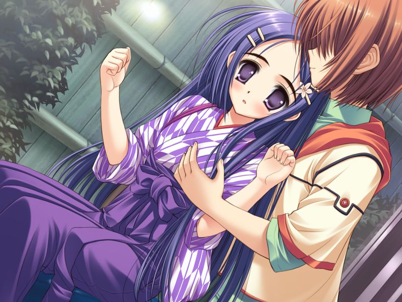 norita, yachikojima hana, yachikojima ren, bashamichi, utsurigi nanakoi tenkiame, game cg, non-web source, 1boy, 1girl, blue hair, brown hair, dutch angle, groping, hetero, japanese clothes, kimono, purple eyes, short hair, waitress, yagasuri