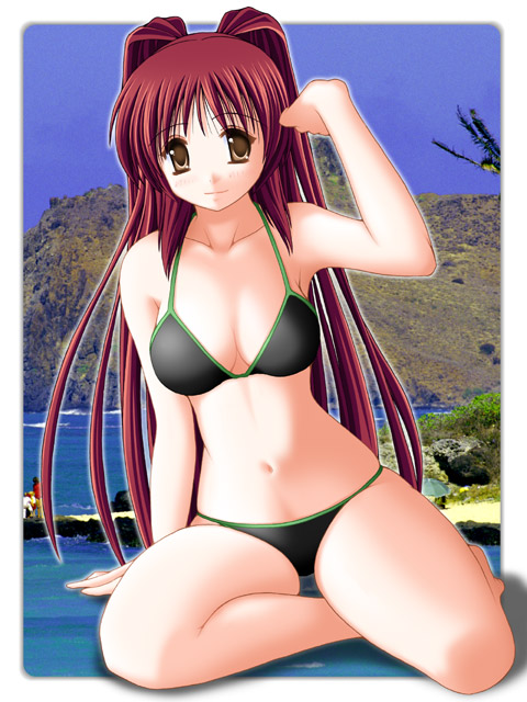 kousaka tamaki, to heart (series), to heart 2, non-web source, 00s, bikini, black bikini, brown eyes, long hair, red hair, solo, swimsuit, twintails