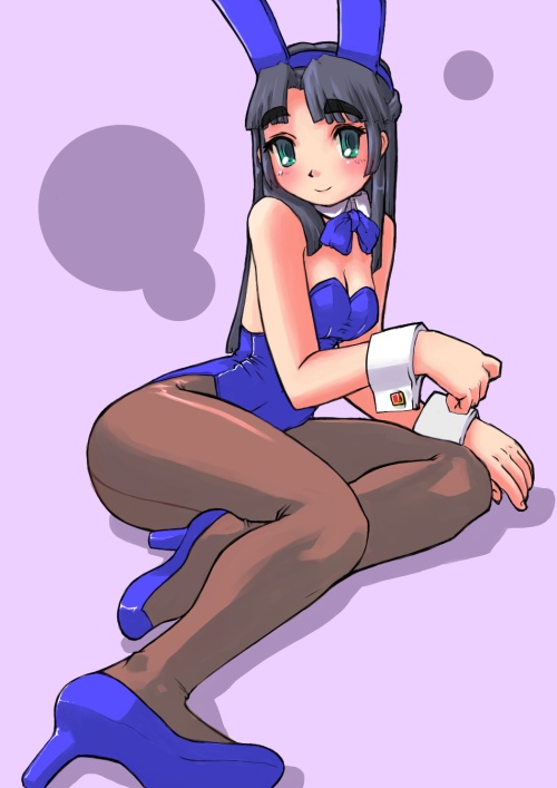 astraea (artist), asakura ryoko, suzumiya haruhi no yuuutsu, 00s, animal ears, blue hair, fake animal ears, green eyes, high heels, long hair, lying, on side, pantyhose, playboy bunny, rabbit ears, shoes, solo