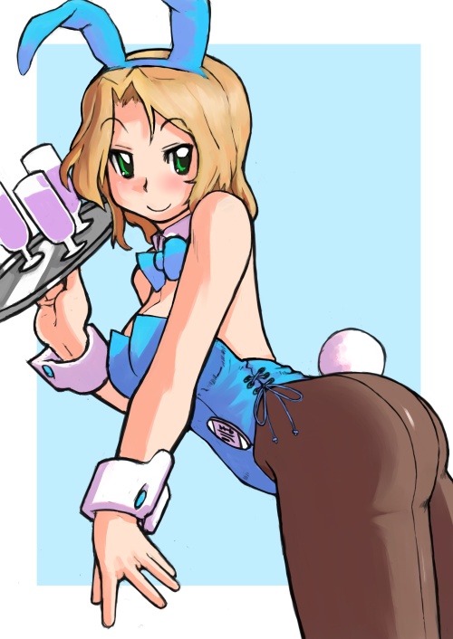 astraea (artist), animal ears, ass, brown hair, chalice, cup, fake animal ears, green eyes, pantyhose, playboy bunny, rabbit ears, short hair, solo, tray