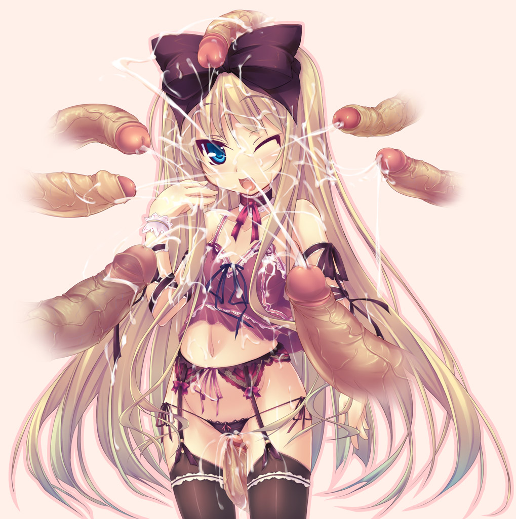shimakaze (soundz of bell), suzune merveillex, angel wish, 1girl, blonde hair, bukkake, camisole, cum, disembodied penis, flat chest, foreskin, garter belt, loli, long hair, lowleg, lowleg panties, one eye closed, panties, penis, ribbon, side-tie panties, solo focus, thighhighs, uncensored, underwear, wink