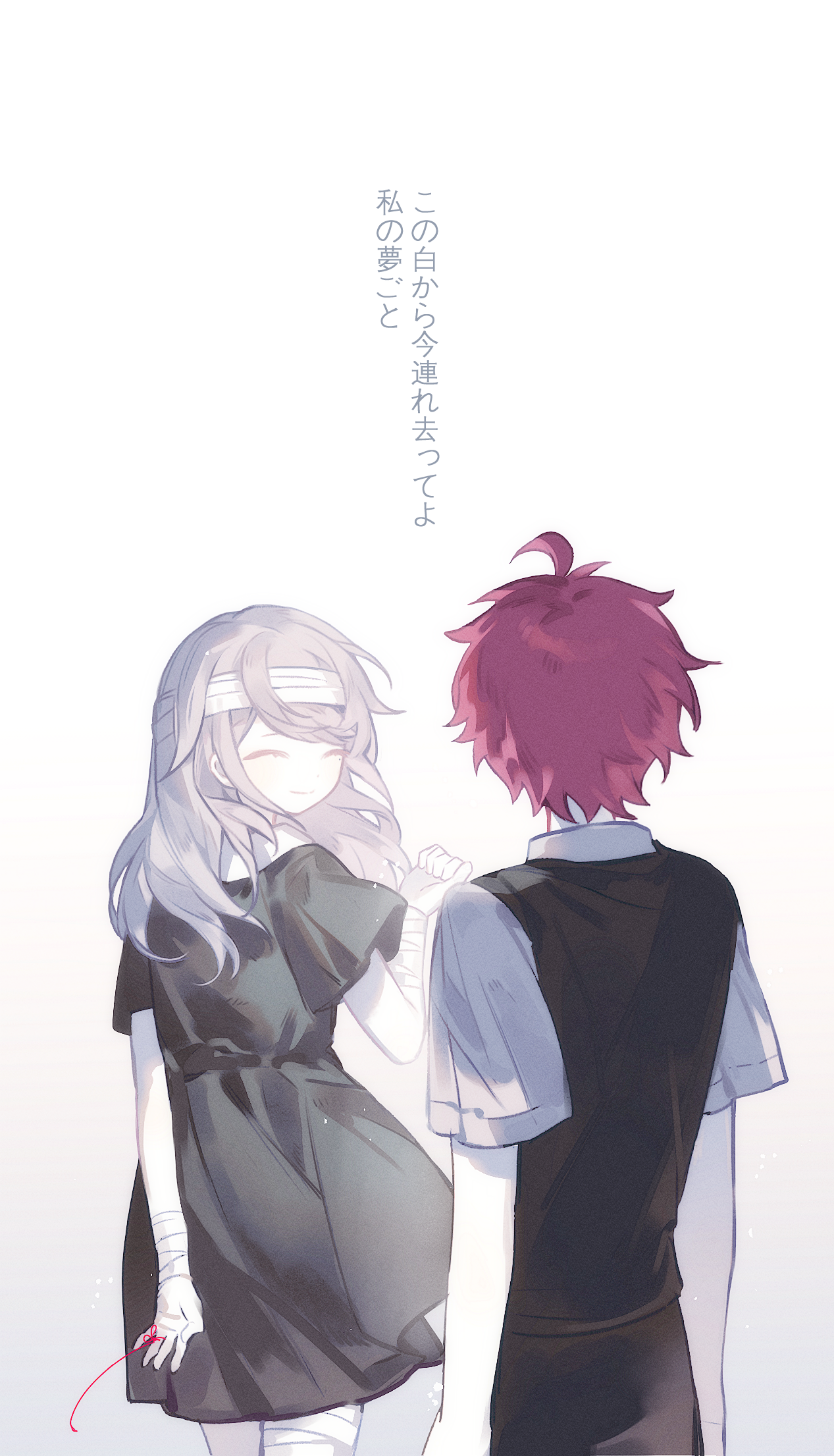 kashimiya karua, sumino takumi, the hundred line -last defense academy-, chinese commentary, commentary request, highres, translated, 1boy, 1girl, ^ ^, aged down, ahoge, bandaged head, bandaged leg, bandaged wrist, bandages, black dress, black pants, black vest, closed eyes, closed mouth, collared shirt, dress, grey hair, kanashibari ni attara (vocaloid), long hair, lyrics, mengyou yu, pants, red eyes, shirt, short hair, simple background, smile, string, string of fate, vest, white background, white shirt