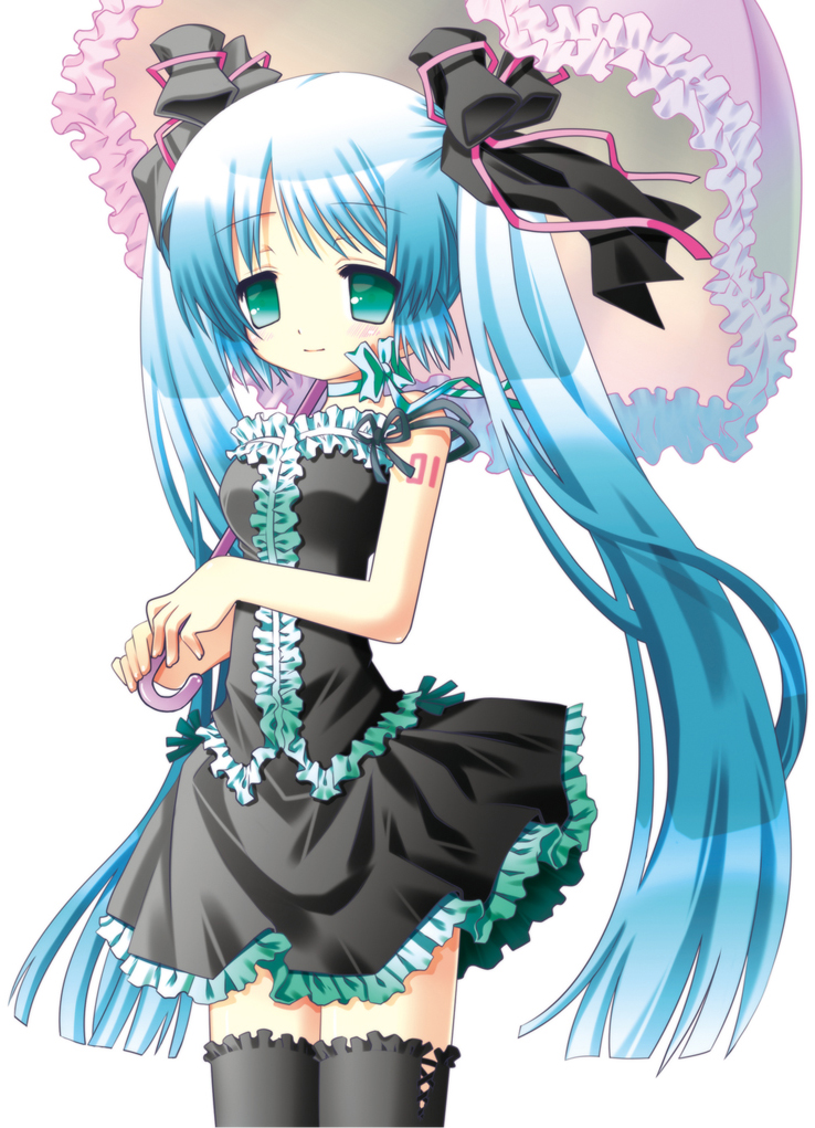 touko (tokotoko), hatsune miku, melt (vocaloid), vocaloid, non-web source, aqua hair, blue hair, frills, green eyes, long hair, parasol, solo, thighhighs, twintails, umbrella