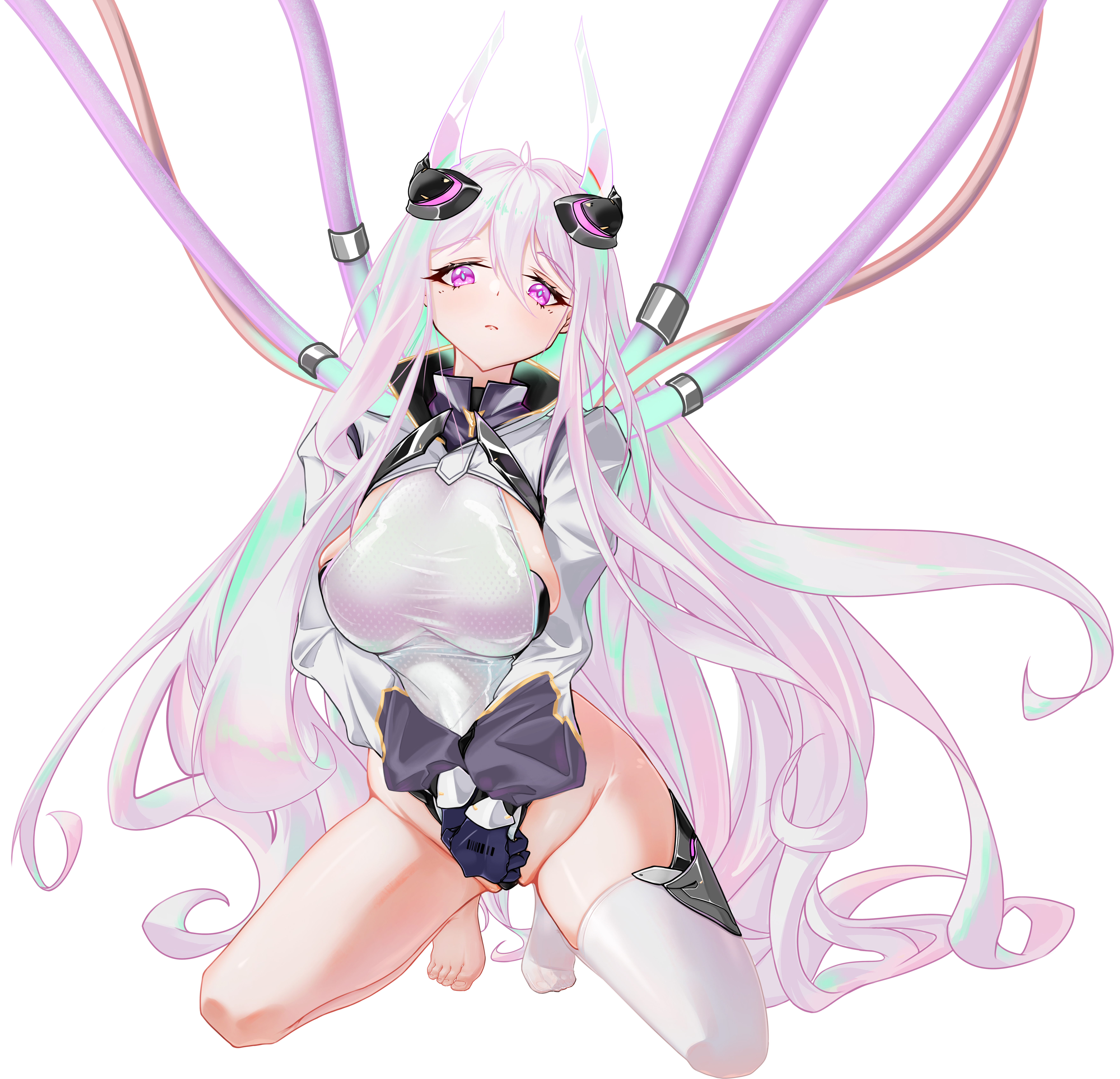 kearsarge (azur lane), azur lane, absurdres, commentary request, highres, 1girl, aqua pupils, barefoot, breasts, full body, glowing, industrial pipe, kneeling, large breasts, leotard, long hair, long sleeves, purple eyes, sideboob, sideless leotard, simple background, single bare foot, single thighhigh, solo, thighhighs, user xapf3744, very long hair, white background, white hair, white leotard, white thighhighs
