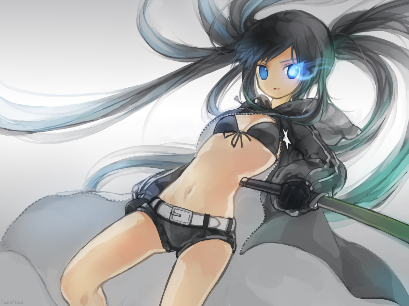 jane mere, black rock shooter (character), black rock shooter, vocaloid, highres, 10s, 1girl, bikini, bikini top only, black bikini, black hair, blue eyes, female focus, glowing, glowing eyes, long hair, midriff, short shorts, shorts, solo, swimsuit, sword, weapon