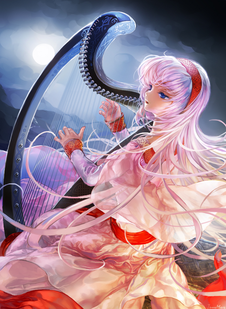 jane mere, megurine luka, vocaloid, 1girl, blue eyes, female focus, full moon, harp, instrument, long hair, moon, music, pink hair, playing instrument, see-through clothes, singing, sitting, solo, very long hair