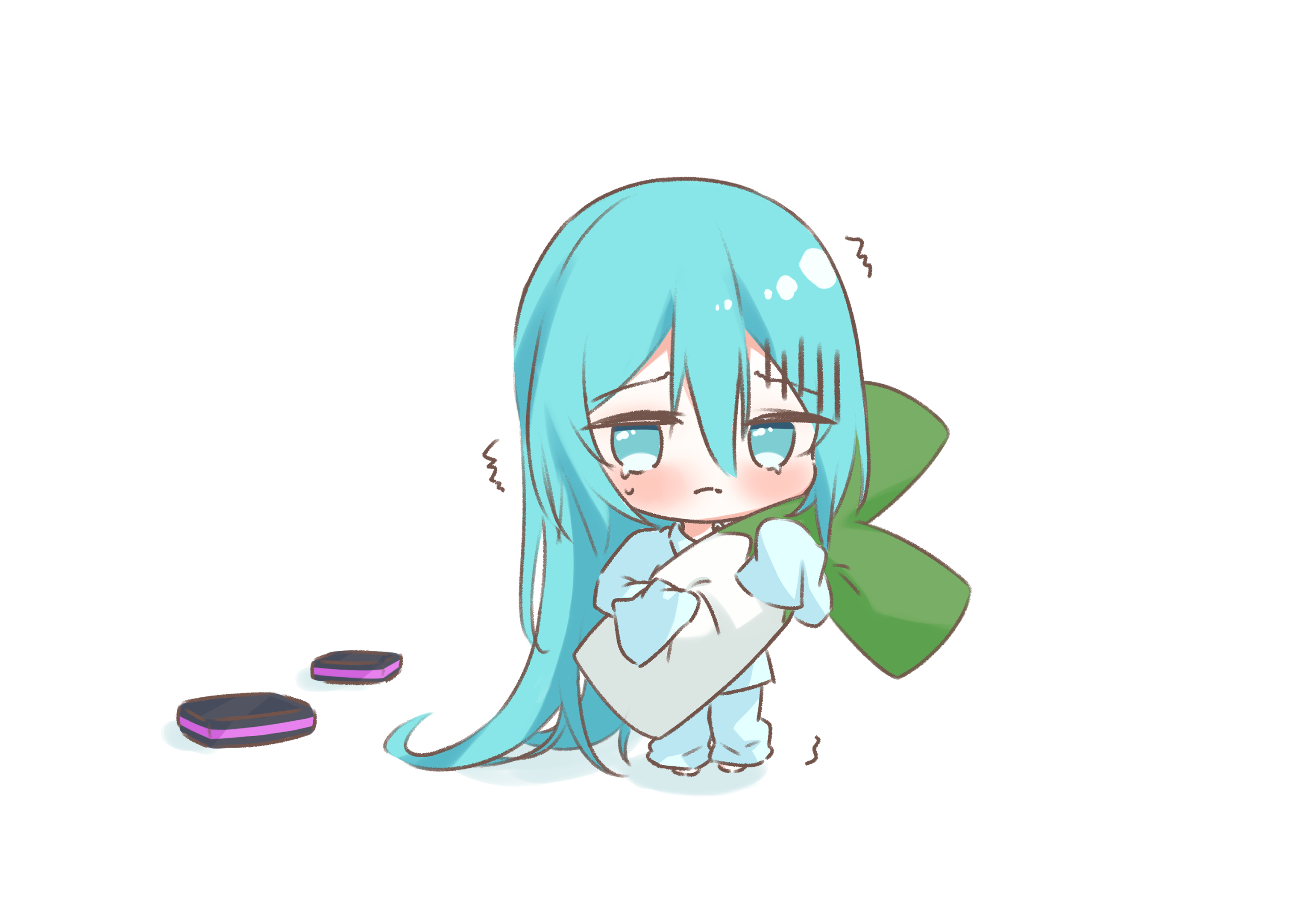 cott (cott 5), hatsune miku, vocaloid, highres, aqua eyes, aqua hair, chibi, chibi only, closed mouth, crying, crying with eyes open, full body, hair between eyes, hair down, hair ornament, holding, holding stuffed toy, long hair, long sleeves, looking at viewer, pants, shirt, simple background, sleeves past fingers, sleeves past wrists, solo, spring onion, stuffed spring onion, stuffed toy, tears, unworn hair ornament, very long hair, white background, white pants, white shirt