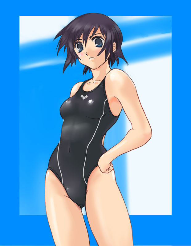 kusemono, bad id, bad pixiv id, black hair, blue eyes, competition swimsuit, hand on own hip, hip focus, one-piece swimsuit, short hair, solo, swimsuit