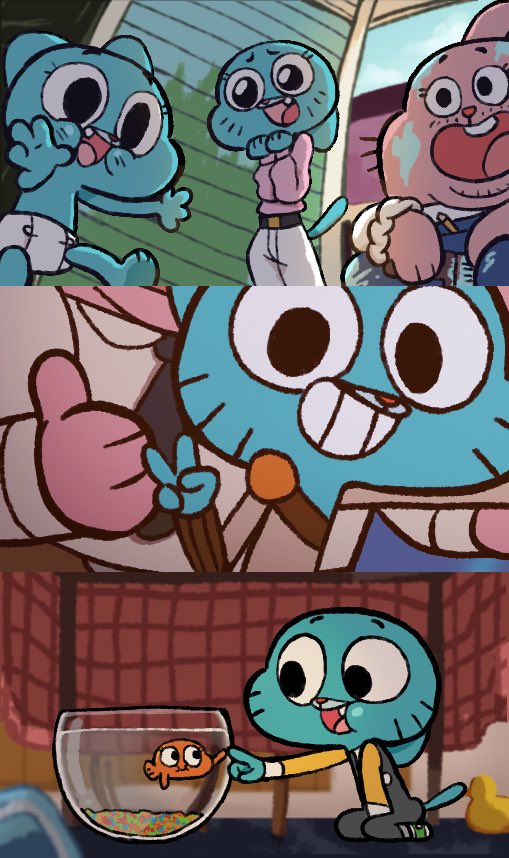 darwin watterson, gumball watterson, nicole watterson, richard watterson, cartoon network, the amazing world of gumball, 1girl, 3boys, baby, belt, brothers, cat, family, father and son, fish, fishbowl, looking at viewer, mother and son, multiple boys, necktie, paint, rabbit, rubber duck, siblings, smile, table, toddler, v