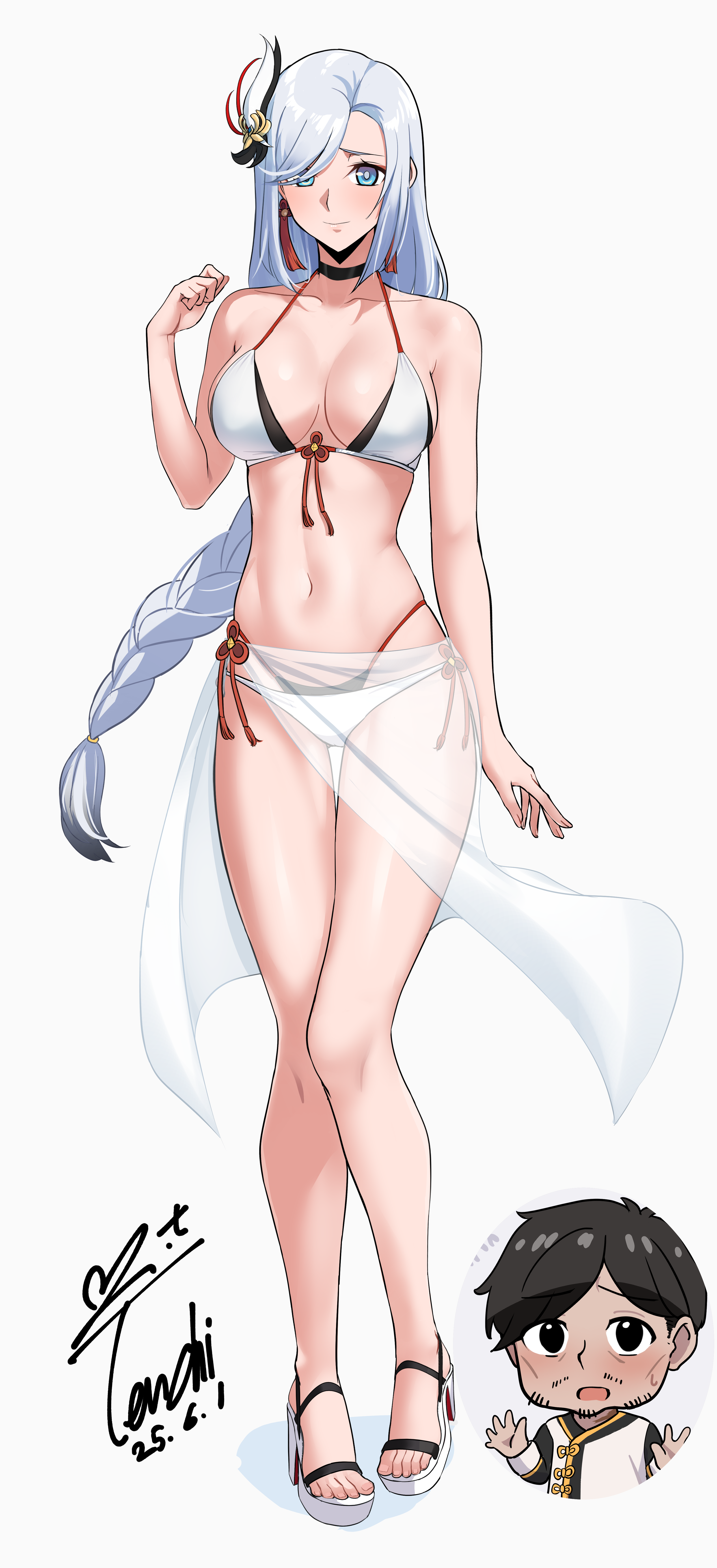yoo tenchi, shenhe (genshin impact), genshin impact, absurdres, commentary request, commission, highres, korean commentary, pixiv commission, second-party source, 1boy, 1girl, bikini, black choker, blue eyes, braid, braided ponytail, breasts, choker, closed mouth, collarbone, dated, earrings, full body, hair ornament, halterneck, hand up, high heel sandals, jewelry, large breasts, long hair, looking at viewer, navel, sandals, sarong, see-through clothes, see-through sarong, side-tie bikini bottom, signature, simple background, stomach, string bikini, swimsuit, tassel, tassel earrings, toes, very long hair, white background, white bikini, white hair